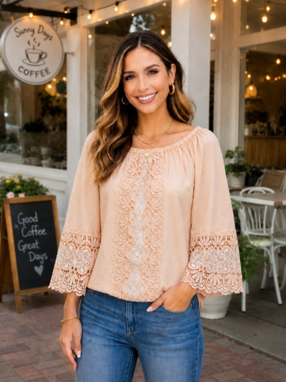 NWT Express Peach Lace Boho Peasant Top Size M Bell Sleeve Cottagecore